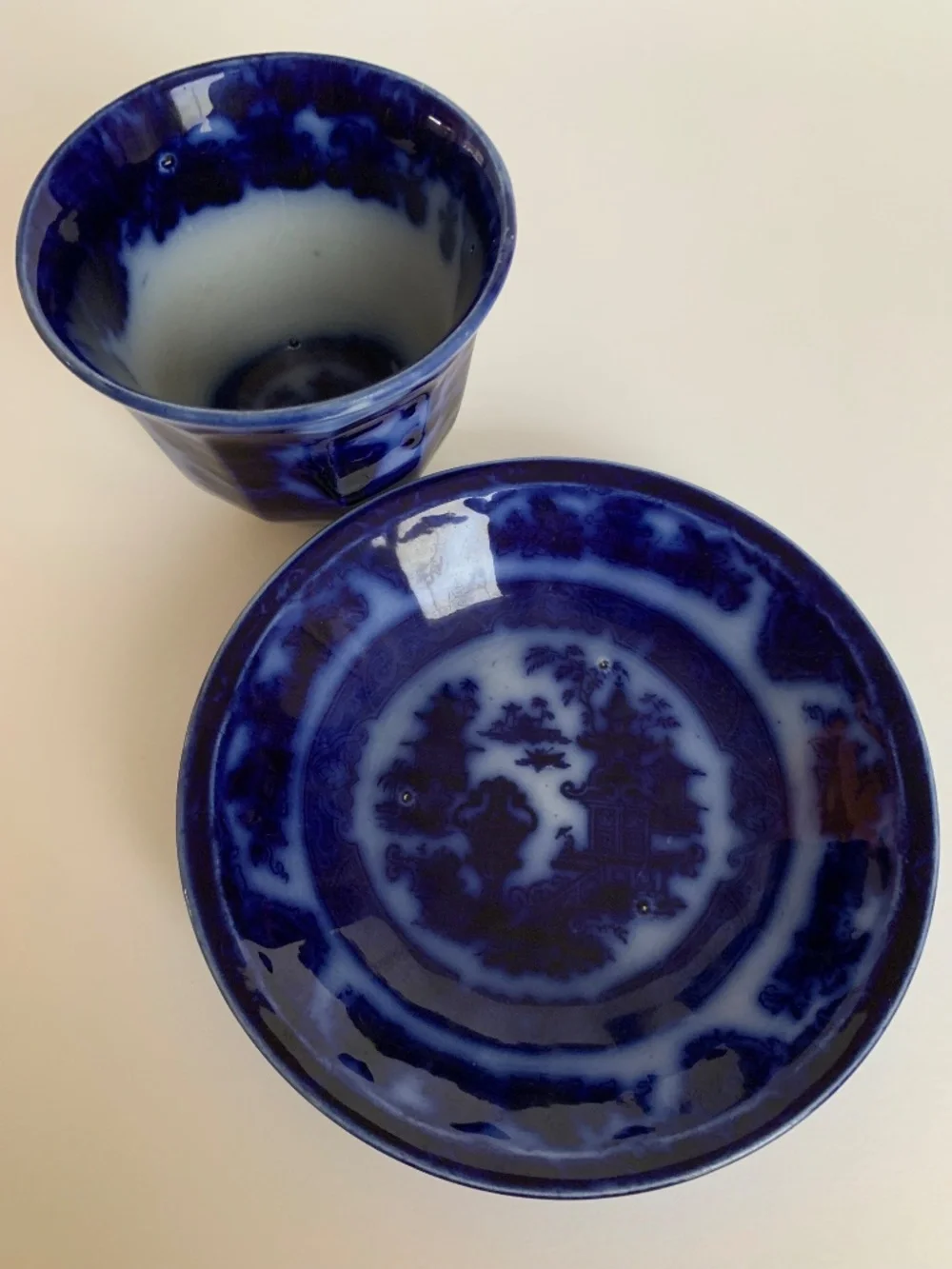 Antique Podmore Walker Blue & White Porcelain Tea Cup & Saucer – Temple Scene